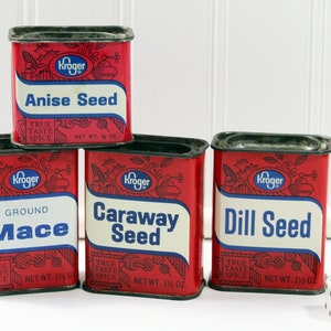 Four 1950s Kroger Spice Tins; Mace, Dill Seed, Caraway Seed, and Anise Seed True Taste Spice