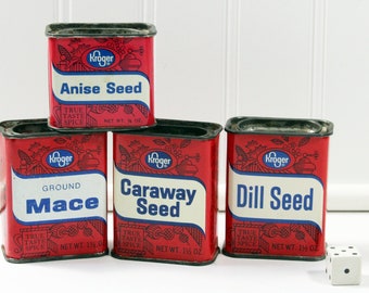 Four 1950s Kroger Spice Tins; Mace, Dill Seed, Caraway Seed, and Anise Seed True Taste Spice