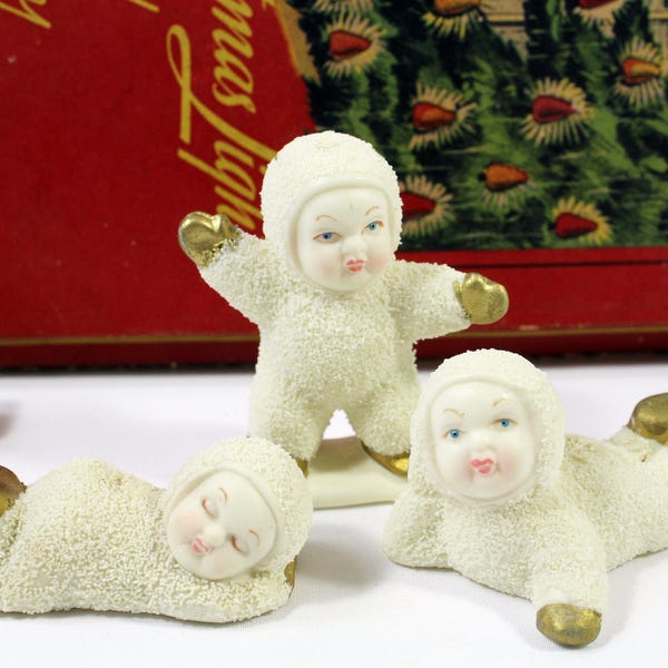 Three Vintage Snowbabies Figurines - Maybe Ornaments - with Gold Hands and Feet