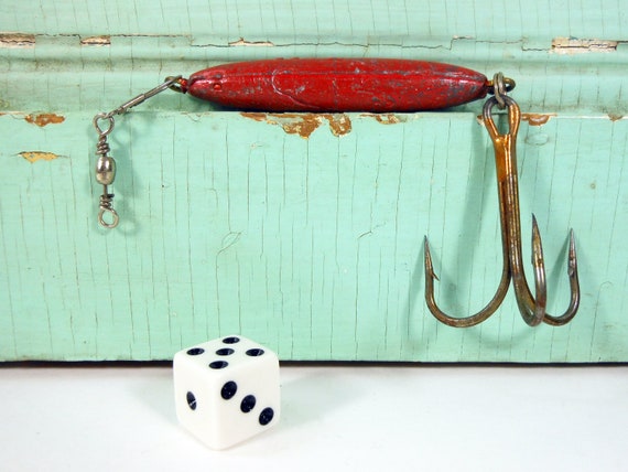Vintage Fishing Tackle With Large Triple Hook and Heavy Red Sinker