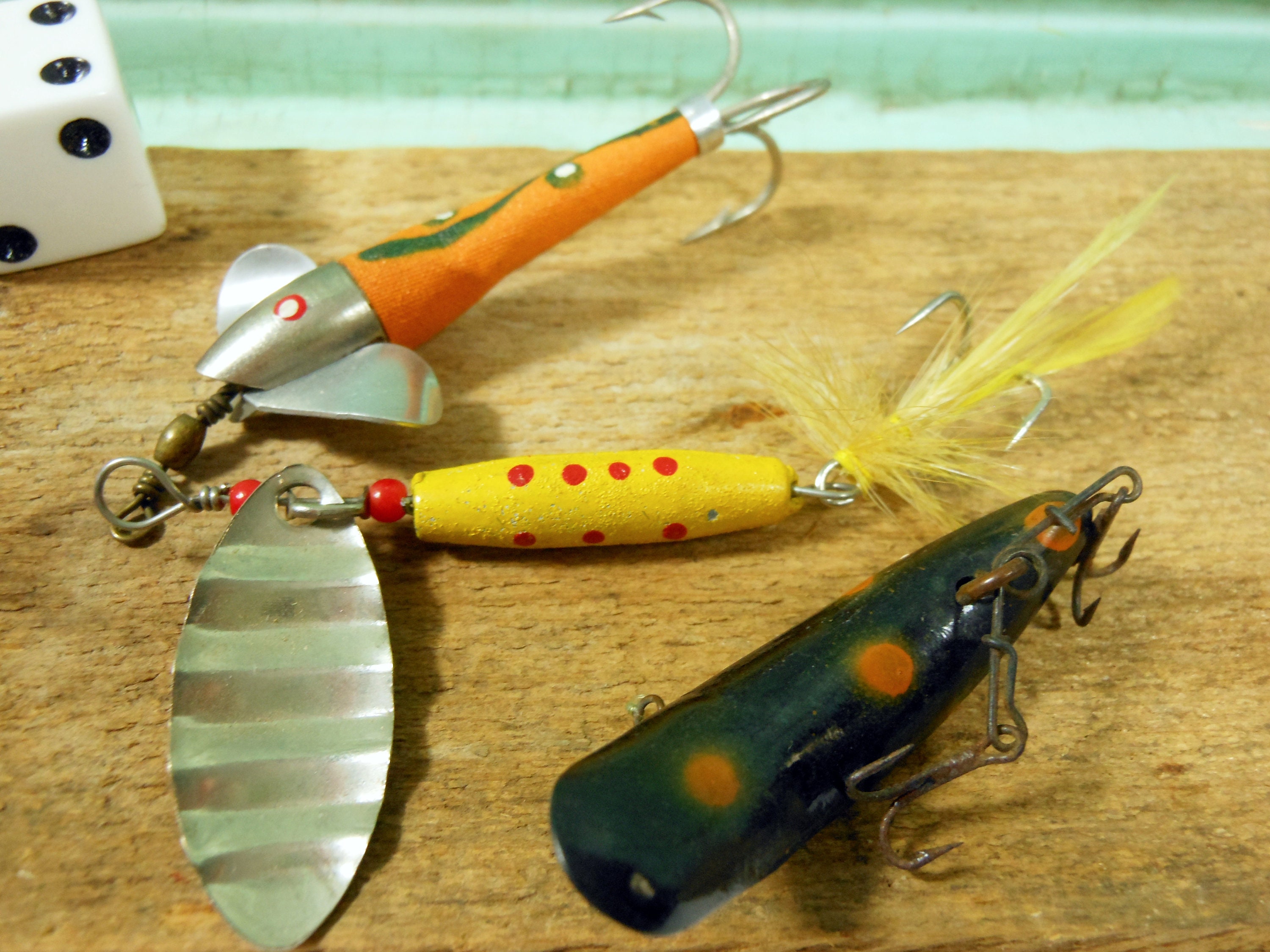 Buy Three Vintage Fishing Lures Orange Cloth Body Mcginty, Helin Flatfish  F5, and Red & Yellow Painted Metal Spinner Online in India 