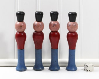 Four Vintage Blue and Red Wooden Peg Soldiers, Toy Soldier Skittle or Bowling Pegs