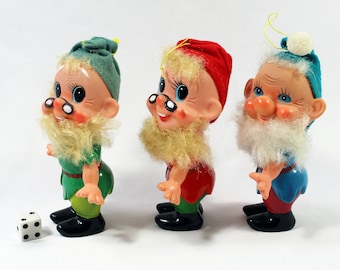 Three Vintage Jointed Dwarf or Troll Ornaments, Rubber and Felt Christmas Dwarfs, Made in Japan