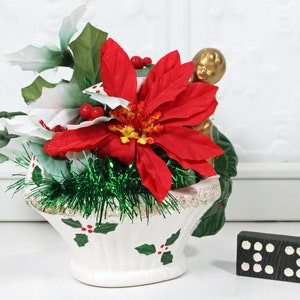 Mid-Century Christmas Floral Arrangement in Ceramic Basket with Gold Cherub; Poinsettia, Tinsel & Holly, Made in Japan