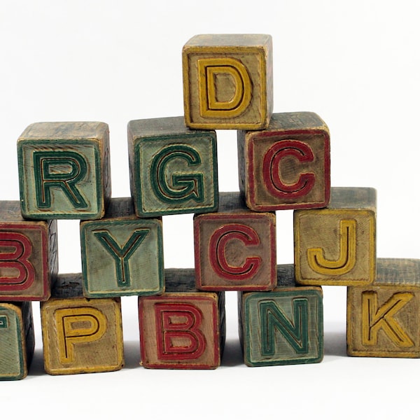 13 Vintage Wooden Toy Alphabet Blocks with Letters, Numbers, and Pictures