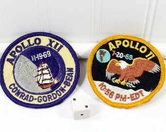 Two Vintage Apollo 11 and 12 Boy Scout NASA Patches, Apollo XII Conrad-Gordon-Bean and Apollo II 7-20-69; Glue Residue on Backs