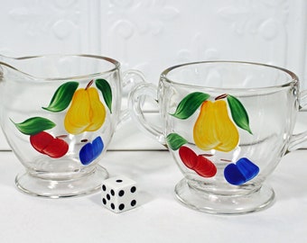 Vintage Gay Fad Fruit Handpainted Glass Creamer & Sugar Set