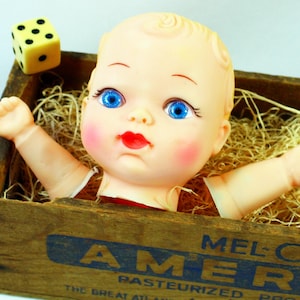 Vintage Soft Rubber Baby Doll Head with Hands and Blue Plastic Eyes, Made in Hong Kong