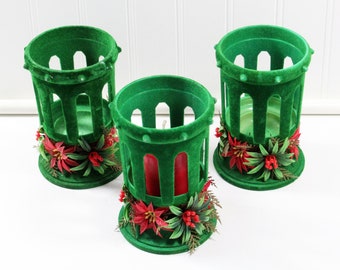 Three Vintage Green Flocked Christmas Candle Holder with Plastic Poinsettias