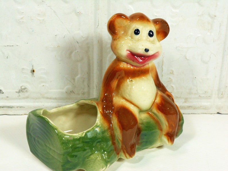 Happy Bear on a Log Planter