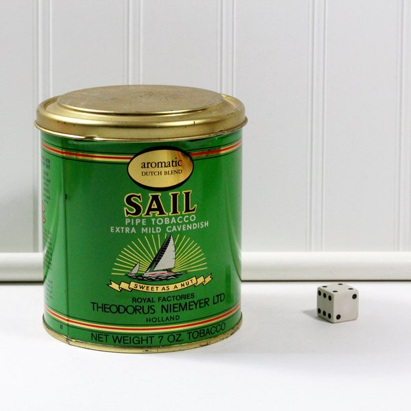 Vintage Green and Gold Sail Pipe Tobacco Tin, 7 Oz Holland Tobacco, "Sweet as a Nut"