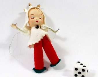Vintage Christmas Pixie Ornament with Paper Mache Head and Wired Chenille Arms and Paper Crown