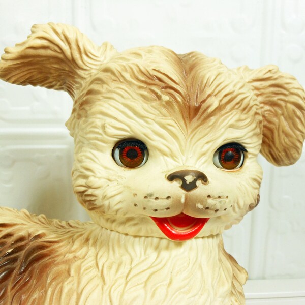 Vintage Edward Mobley Co. Puppy Dog Toy with Sleep Eyes and Articulated Head, Arrow Rubber and Plastic Corp. Squeak Toy