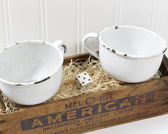 Two Small Vintage White Enamel Tea Cups with Handles