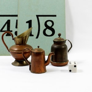 Three Vintage Brass & Copper Kitchen Miniatures; Mini Coffee Pot with Lid, Water Pitcher, and Can with Lid