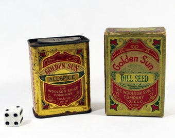 Two Antique Golden Sun Spice Containers; 2 Ounce Metal Allspice Tin and 2 Ounce Paperboard Dill Seed Container