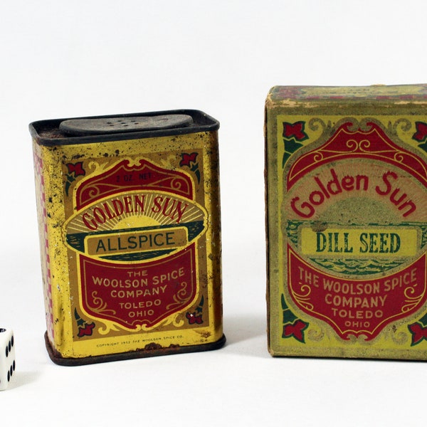 Two Antique Golden Sun Spice Containers; 2 Ounce Metal Allspice Tin and 2 Ounce Paperboard Dill Seed Container