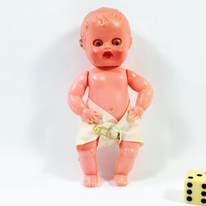 Vintage Blue Box Toys Hard Plastic Baby Doll with Jointed Arms and Legs and Sleeping Eyes, Made in Hong Kong
