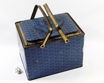 Vintage Metal Tiger Dark Sweet Chewing Tobacco Tin with Handles, Blue Basketweave Box