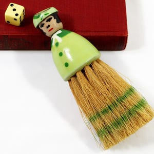 Vintage Wooden Figural Doll Crumb or Table Brush, Green & Yellow Nanny Clothes Brush