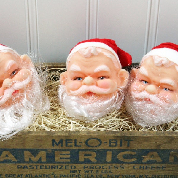 Three Vintage Santa Claus Doll Heads with Cotton Beards and Red Felt Hats