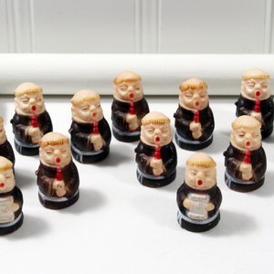 Twelve Vintage Miniature Singing Monks, Tiny Hard Plastic Monks with Candles and Songbooks, Made in Hong Kong