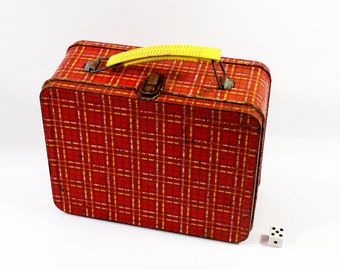 Vintage Ohio Art Red and Yellow Plaid Rusty Metal Lunchbox with Yellow Plastic Handle