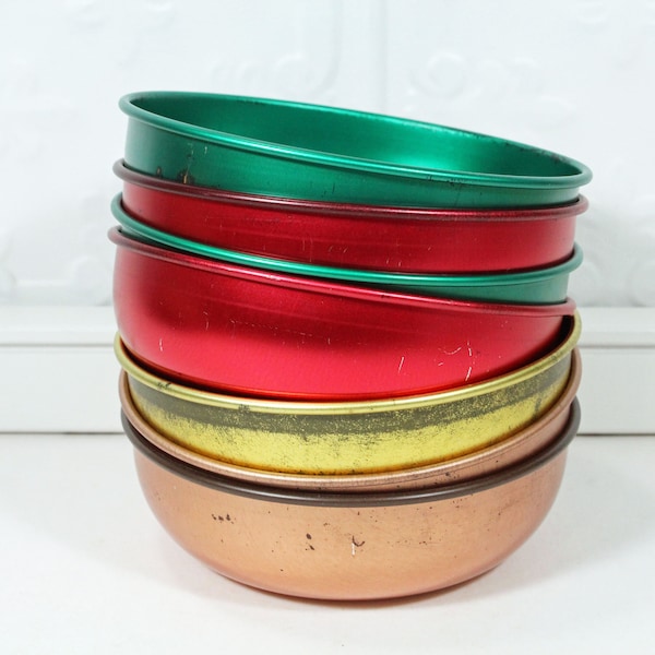 Seven Vintage Mid-Century Aluminum Snack Bowls; Green, Red, Gold, & Copper