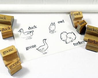 Eight Vintage Birds Word and Picture Wooden Handled Rubber Stamps; Owl, Goose, Turkey, Duck
