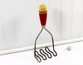 Vintage Red and White Wooden Handled Potato Masher