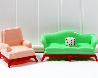 Vintage Renwal Green, Pink, and Red Dollhouse Sofa and Easy Chair