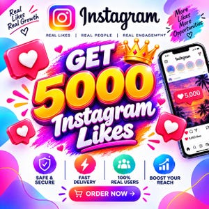 May include: A digital graphic promoting Instagram services featuring the text GET 5000 Instagram Likes, a gold crown, floating pink heart notification icons, and a smartphone displaying an Instagram profile with a 5,000 likes notification.