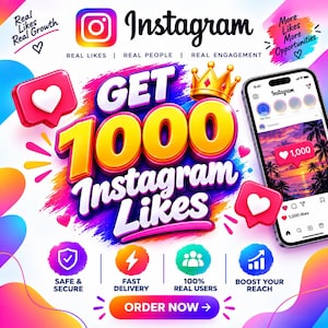 Puede incluir: Un gráfico promocional colorido para servicios de Instagram con el texto GET 1000 Instagram Likes, un icono de corona dorada, burbujas de notificación de corazón flotantes y un teléfono inteligente con un feed de Instagram.