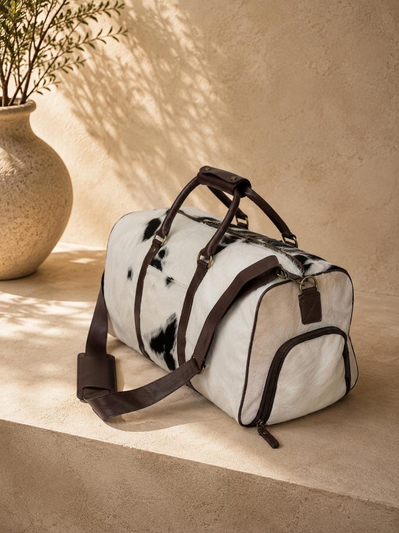 Luxury cowhide duffle bag, hair on hide travel bag, full grain leather weekender, overnight bag men, overnight bag women, luxury travel bag, cowhide weekender bag, carry on duffle, western travel bag, premium leather duffle, handcrafted travel bag, genuine cowhide luggage, luxury weekend bag