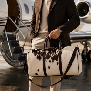 Luxury cowhide duffle bag, hair on hide travel bag, full grain leather weekender, overnight bag men, overnight bag women, luxury travel bag, cowhide weekender bag, carry on duffle, western travel bag, premium leather duffle, handcrafted travel bag, genuine cowhide luggage, luxury weekend bag