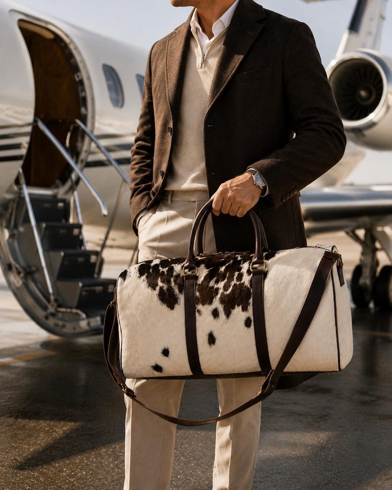 Luxury cowhide duffle bag, hair on hide travel bag, full grain leather weekender, overnight bag men, overnight bag women, luxury travel bag, cowhide weekender bag, carry on duffle, western travel bag, premium leather duffle, handcrafted travel bag, genuine cowhide luggage, luxury weekend bag