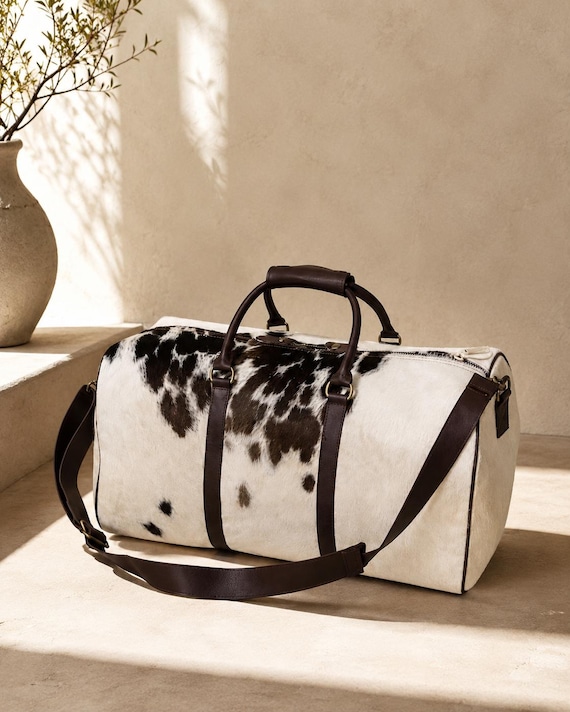 Hair On Cowhide Duffle Bag - Full Grain Leather Weekender Bag - Travel Overnight Carry On - Luxury Gift for Him