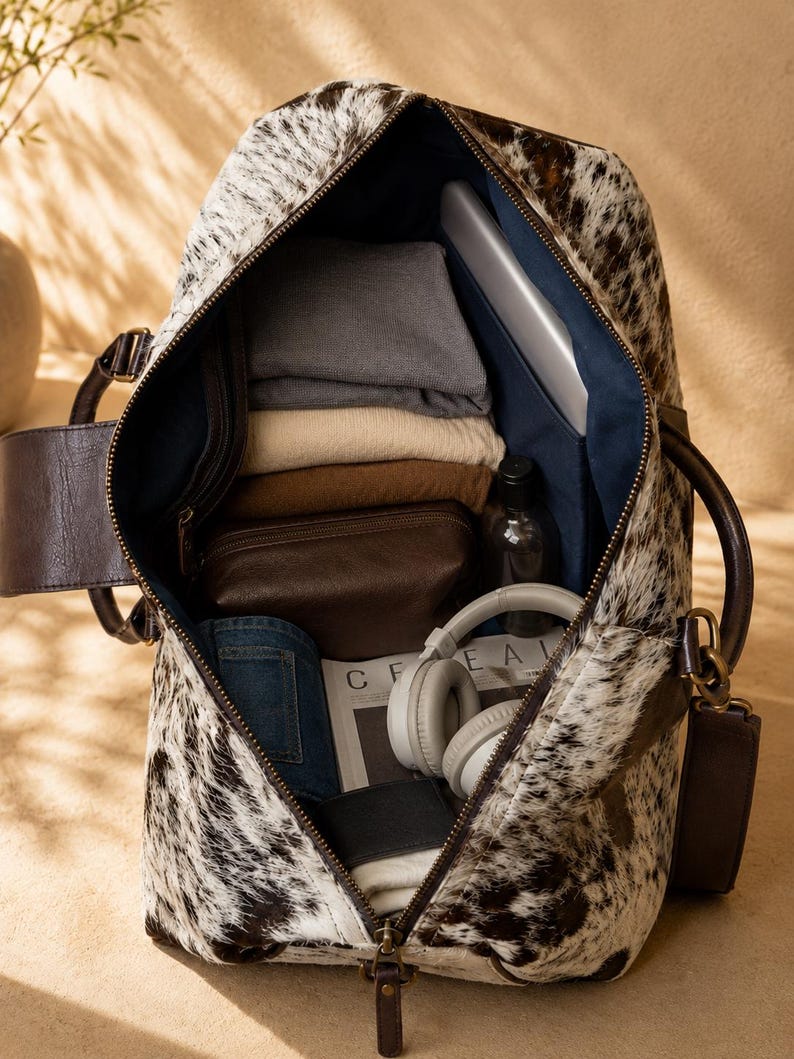 May include: A duffel bag with a black and white cowhide pattern and dark brown leather handles. The interior is lined with dark blue fabric and contains folded clothing, a brown leather pouch, a bottle, headphones, and a magazine with the text CEREAL.