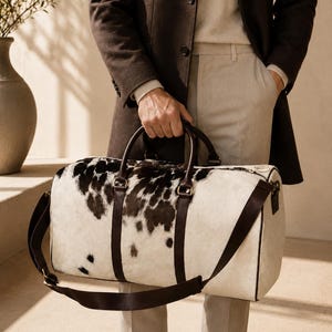 Luxury cowhide duffle bag, hair on hide travel bag, full grain leather weekender, overnight bag men, overnight bag women, luxury travel bag, cowhide weekender bag, carry on duffle, western travel bag, premium leather duffle, handcrafted travel bag, genuine cowhide luggage, luxury weekend bag