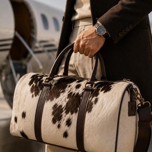 Luxury cowhide duffle bag, hair on hide travel bag, full grain leather weekender, overnight bag men, overnight bag women, luxury travel bag, cowhide weekender bag, carry on duffle, western travel bag, premium leather duffle, handcrafted travel bag, genuine cowhide luggage, luxury weekend bag