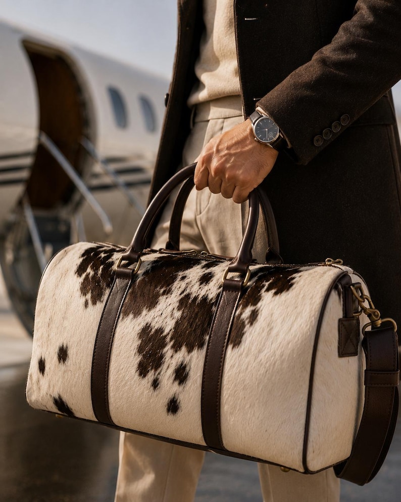 Luxury cowhide duffle bag, hair on hide travel bag, full grain leather weekender, overnight bag men, overnight bag women, luxury travel bag, cowhide weekender bag, carry on duffle, western travel bag, premium leather duffle, handcrafted travel bag, genuine cowhide luggage, luxury weekend bag