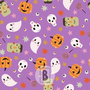 Pode incluir: Um padrão repetitivo num fundo roxo com abóboras cor de laranja, fantasmas brancos, crânios brancos, rostos verdes tipo Frankenstein, estrelas cor-de-rosa e laranja, globos oculares e chupa-chupas cor-de-rosa com um logótipo central com a letra B.