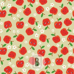 Pode incluir: Um padrão repetitivo num fundo verde-azeitona claro com maçãs vermelhas com rostos sorridentes e folhas verdes, intercaladas com pequenas flores brancas de cinco pétalas. Uma marca de água com a letra B é visível no centro inferior.