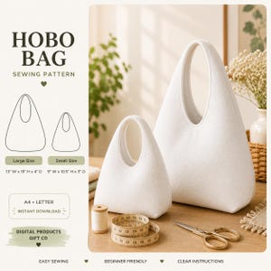 以下が含まれることがあります： 「HOBO BAG SEWING PATTERN」、「A4 + LETTER」、「INSTANT DOWNLOAD」、「DIGITAL PRODUCTS GIFT CO」と書かれたホーボーバッグの型紙。2つの白いホーボーバッグが大小のサイズで表示されており、寸法はそれぞれ幅33cm x 高さ38cm x 奥行10cmと幅23cm x 高さ27cm x 奥行8cmです。