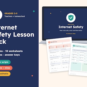 May include: An Internet Safety Lesson Pack for grades 2-5 featuring a laptop displaying a presentation, two printed worksheets, and text detailing 5 lessons, 10 worksheets, 34 slides, answer keys, teacher scripts, and Canva editable files.