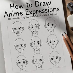May include: A white page featuring the title How to Draw Anime Expressions and a PDF File Guide - Easy Step-by-step Tutorial for Kids & Beginners. It displays nine black and white line art sketches of human faces showing various emotions.