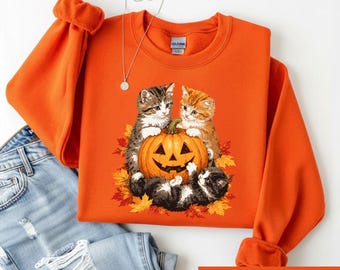 Halloween Cat Shirt, Cute Kitten Pumpkin Tee, Spooky Season Graphic, Cat Lover Gift
