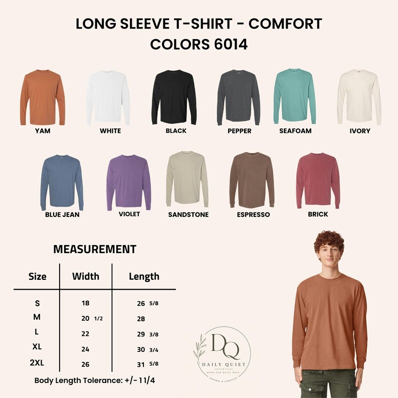 May include: A long sleeve t-shirt colour chart featuring eleven shades including yam, white, black, pepper, seafoam, ivory, blue jean, violet, sandstone, espresso, and brick. Includes a size chart with width and length in inches for sizes S to 2XL.