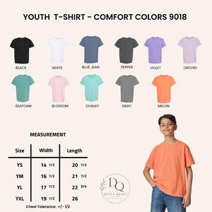 May include: A Comfort Colors 9018 youth t-shirt colour chart featuring eleven solid colours: black, white, blue jean, pepper, violet, orchid, seafoam, blossom, chalky, grey, and melon. A size chart displays widths and lengths in inches for YS, YM, YL, and YXL sizes.
