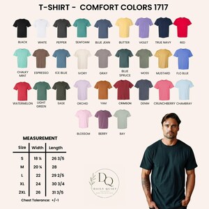 May include: A Comfort Colors 1717 t-shirt colour chart displaying thirty-one solid colour options including black, white, pepper, seafoam, blue jean, butter, violet, true navy, red, chalky mint, espresso, ice blue, ivory, grey, blue spruce, moss, mustard, flo blue, watermelon, light green, sage, orchid, yam, crimson, denim, crunchberry, chambray, blossom, berry, and bay, with a size chart showing widths and lengths in inches.